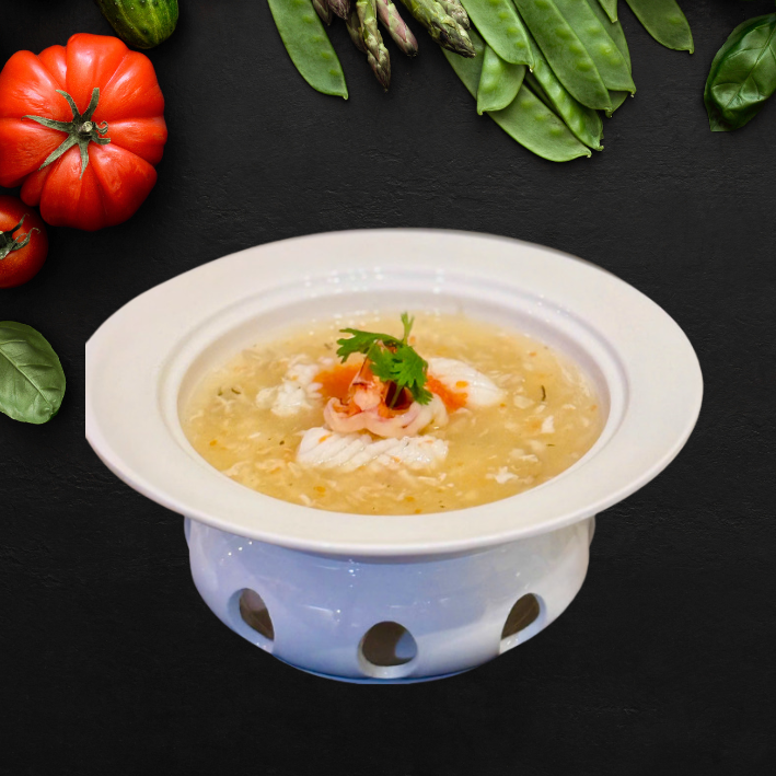 Seafood soup with Japanese flying-fish roe