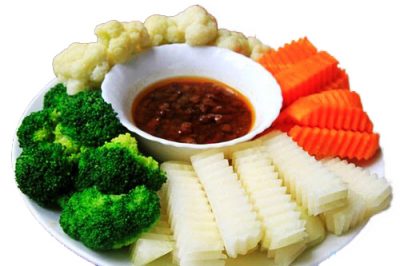 Boiled vegetables with caramelised pork dip