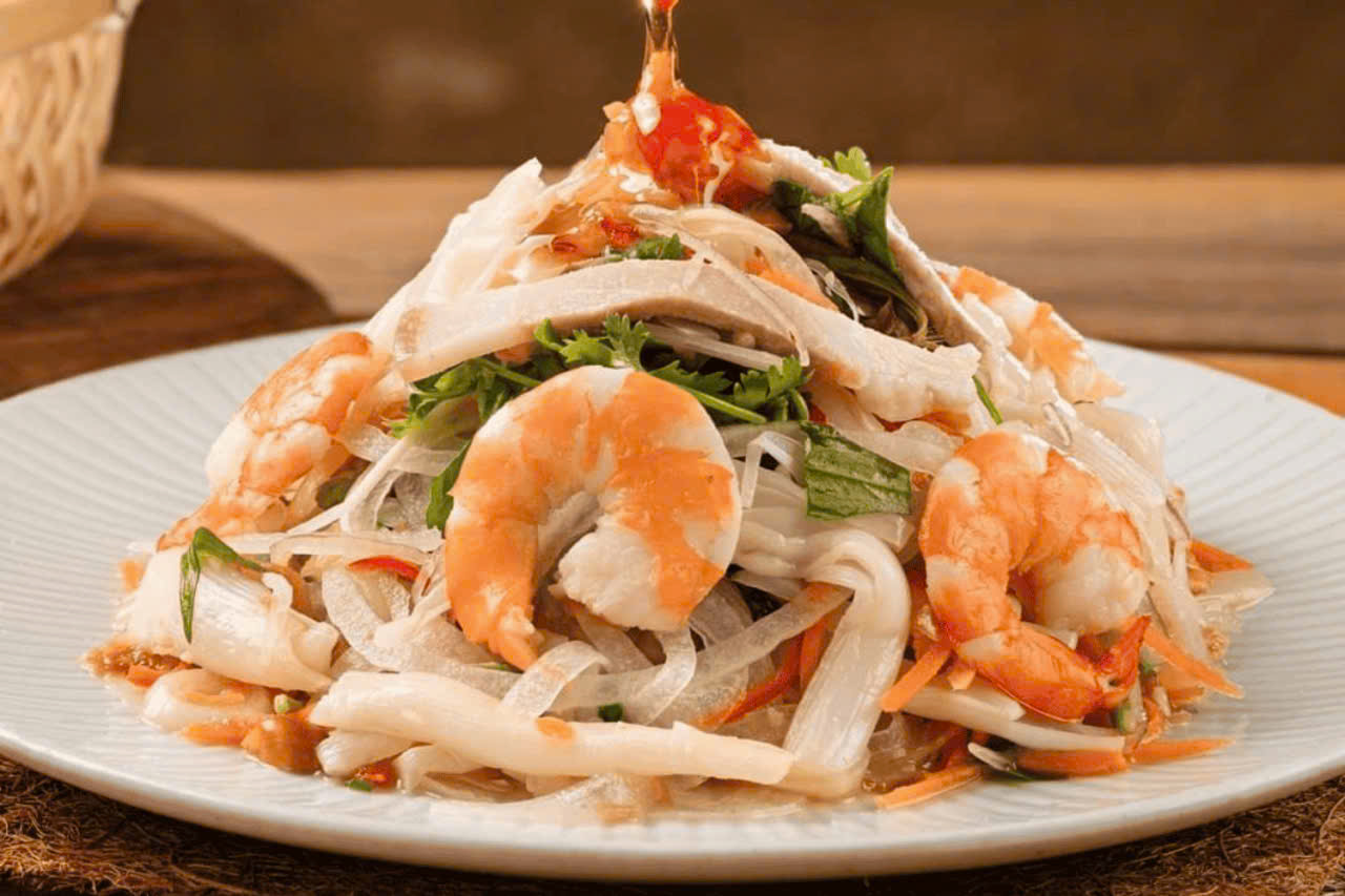 Coconut palm heart with seared shrimp